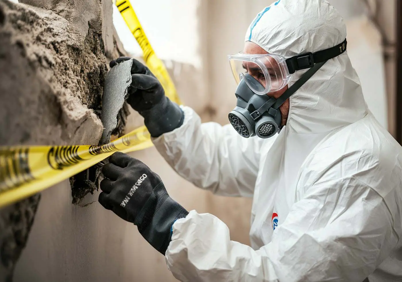 Technician in a respirator and suit removing asbestos material from a wall behind caution tape