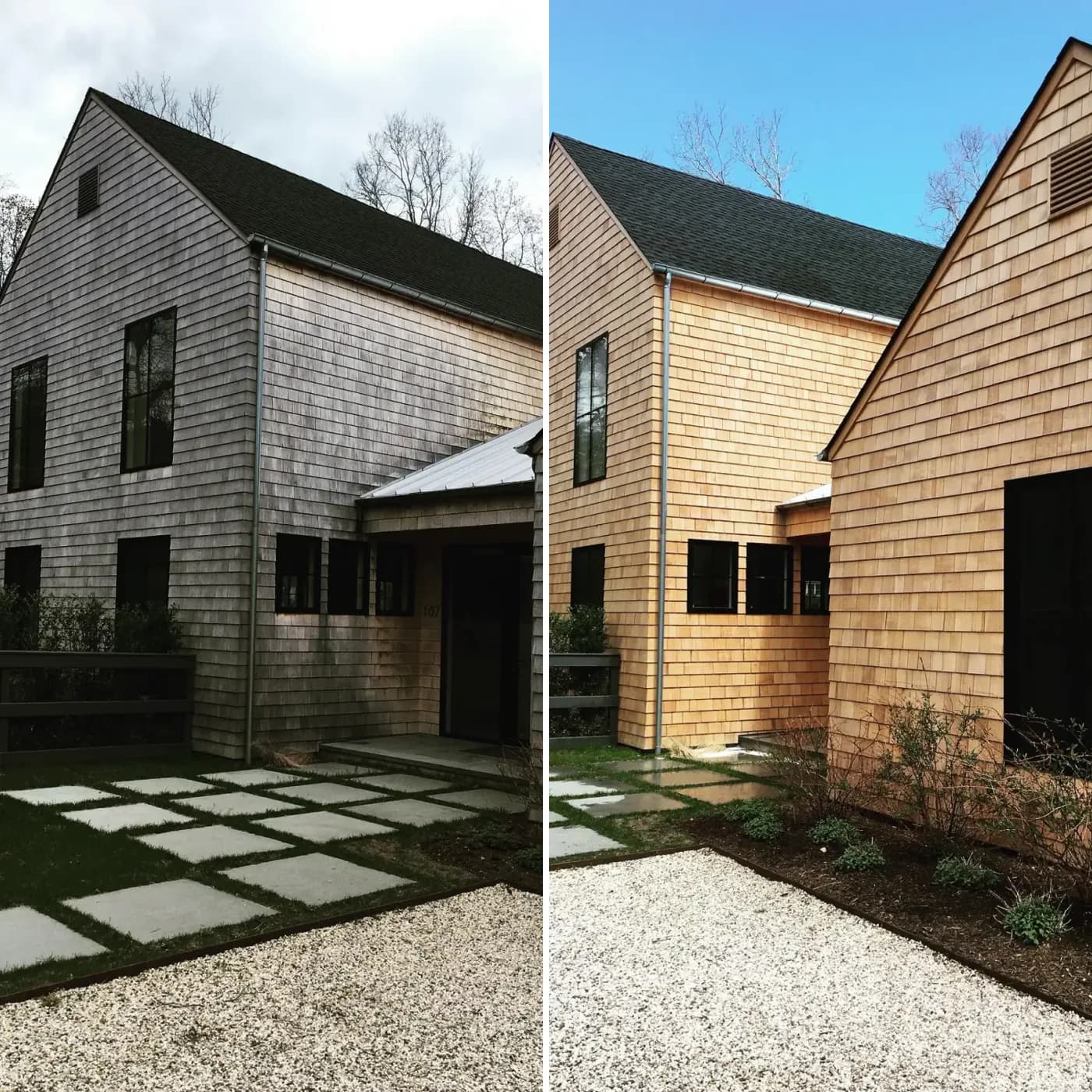 Cedar shake gable and entry weathered gray (left) and restored to warm brown (right)