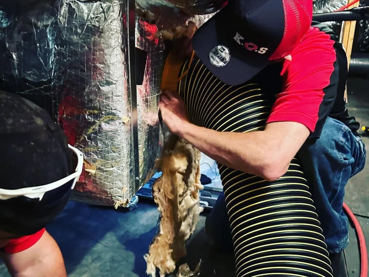 K.O.S. technician connecting the duct-cleaning vacuum hose to a home's trunk line