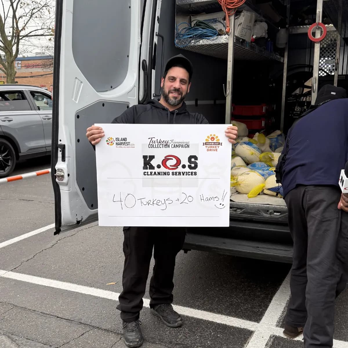 K.O.S. Restoration donation sign reading 40 turkeys and 20 hams at the Island Harvest collection
