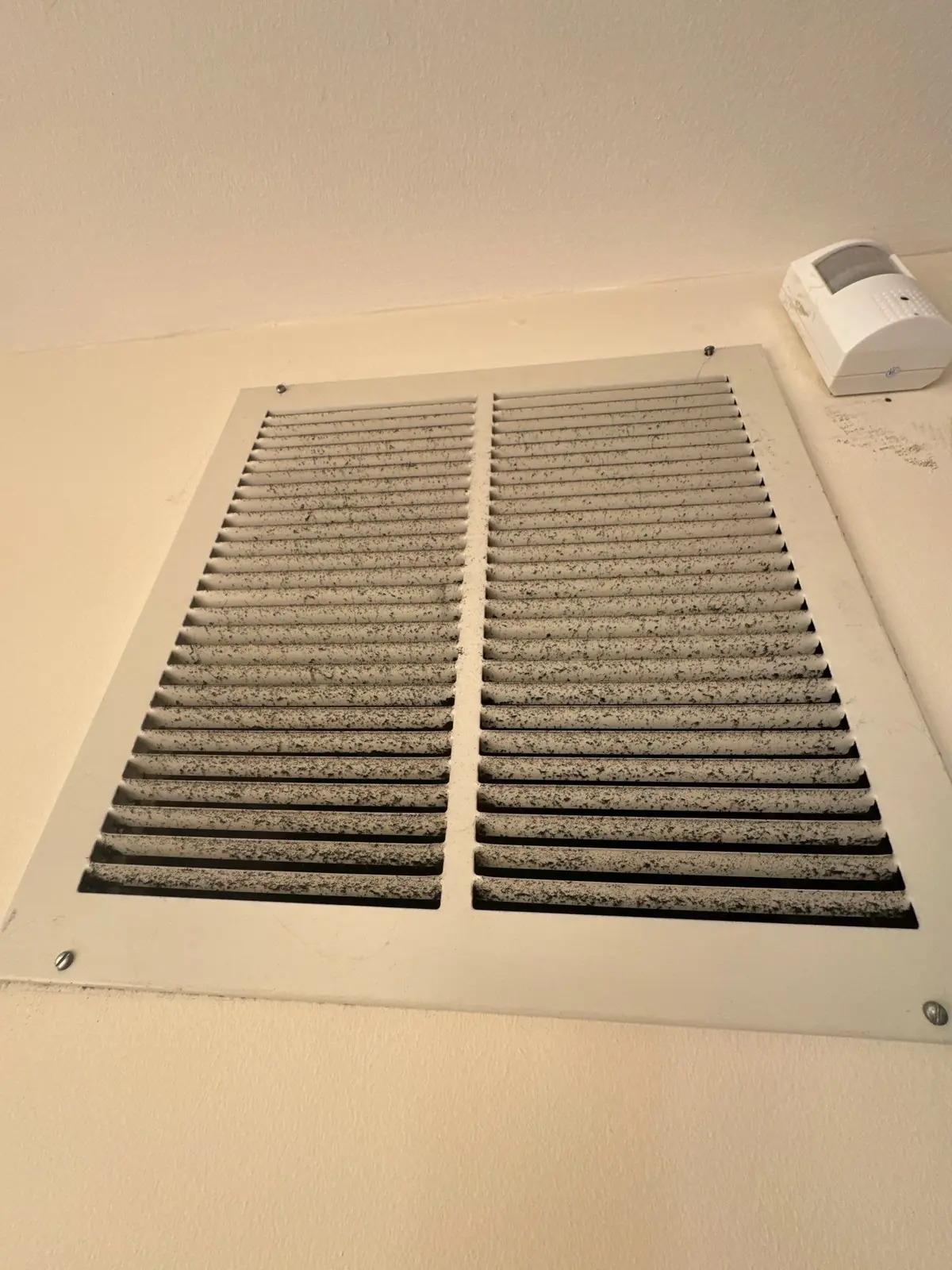 Soot caked on the louvers of a return-air vent after a fire