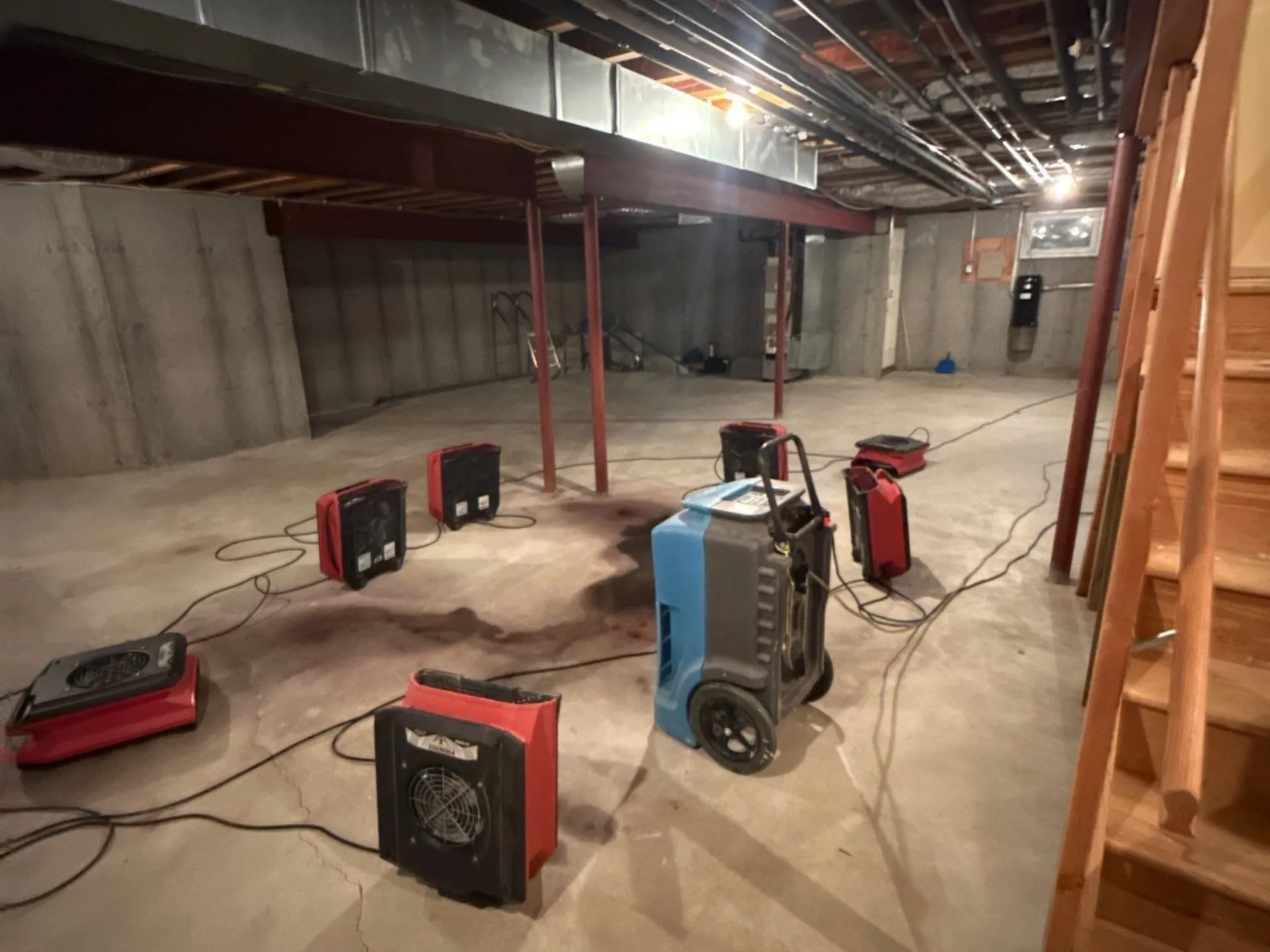 Air movers and an LGR dehumidifier drying a flooded Long Island basement