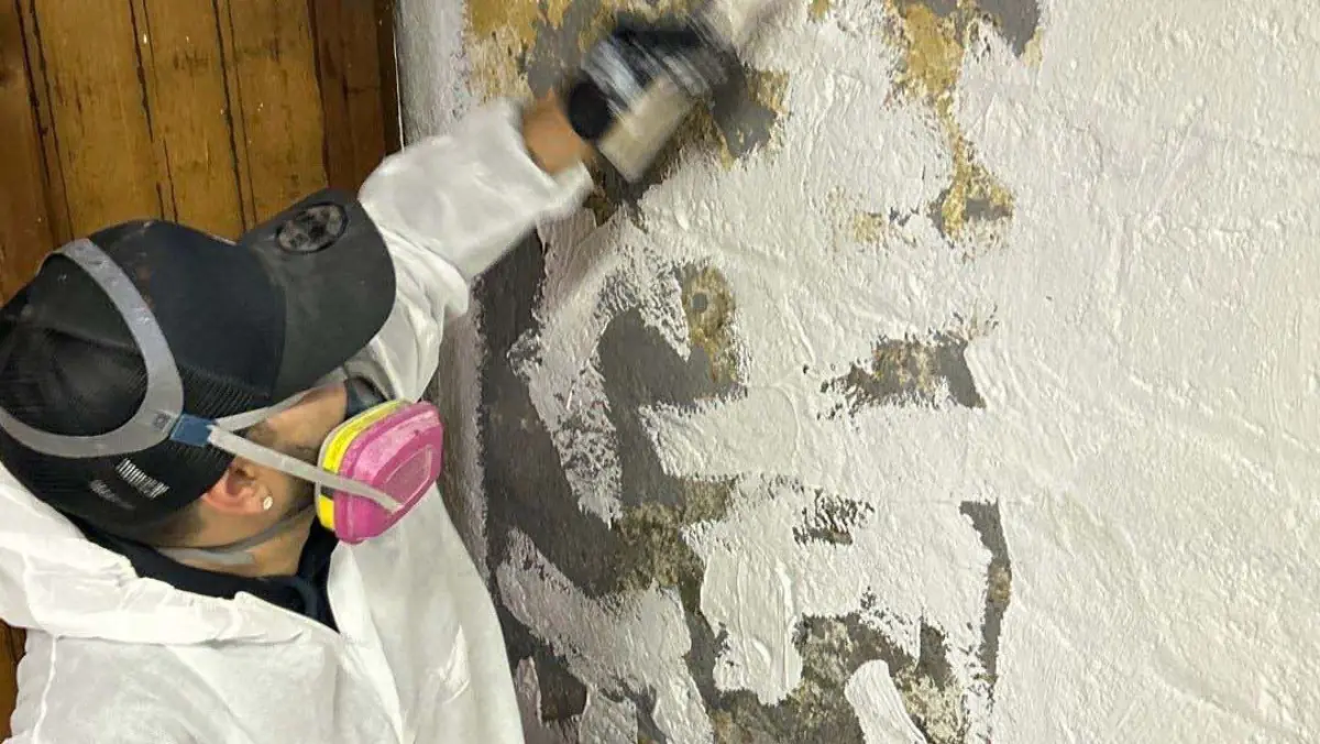 Professional technician applying mold encapsulation treatment in a Long Island basement