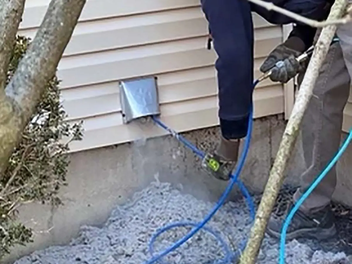 K.O.S. technician clearing a pile of lint from a dryer vent at the outside wall of a Long Island home