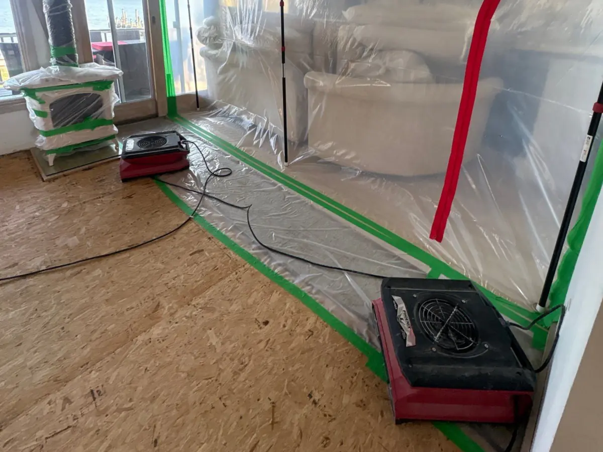 Containment areas setup at a home with water damage in Mastic Beach NY