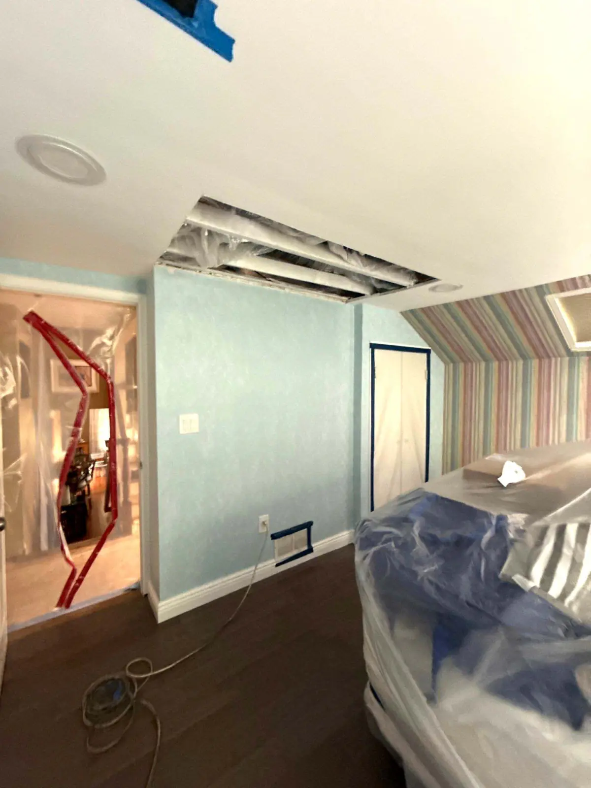 Water damage from an AC leak at a home in Melville, New York on Long Island.