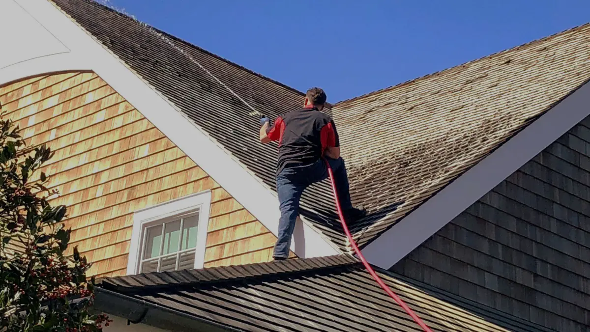 K.O.S. technician soft-washing a cedar shake roof