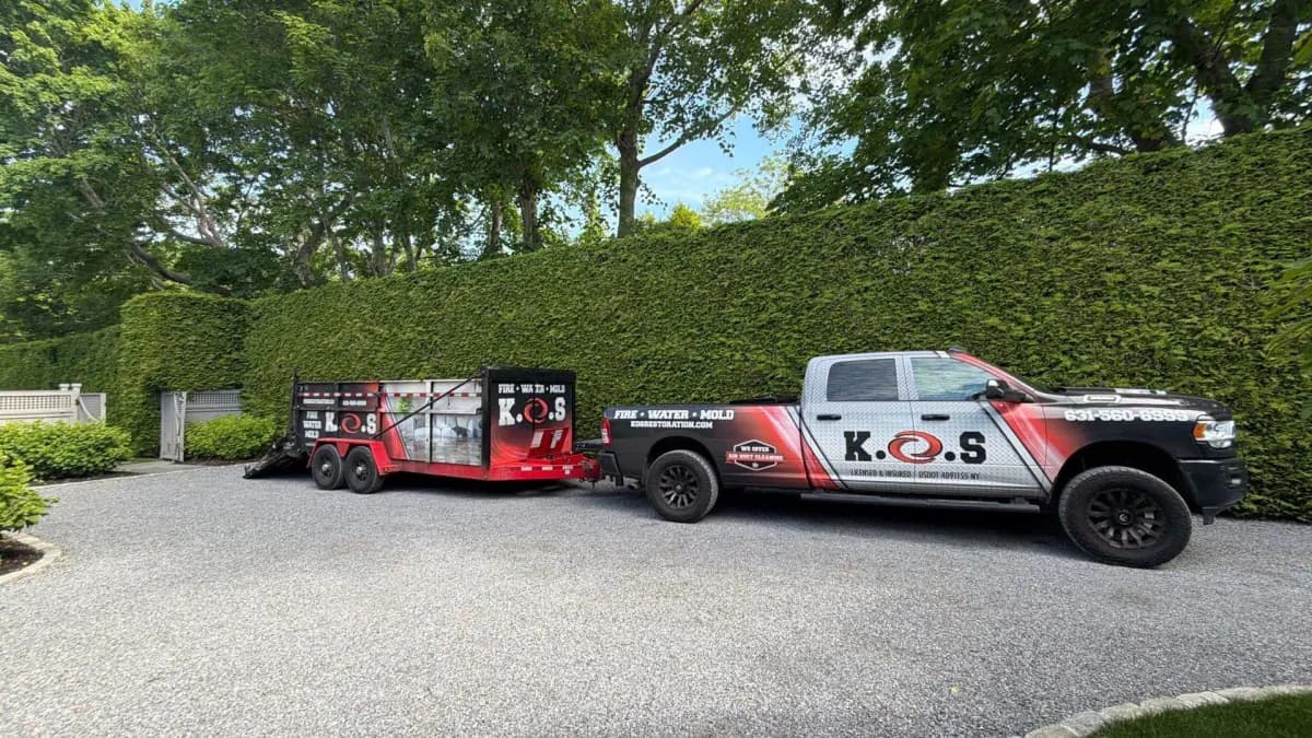 K.O.S. Restoration truck arriving for water damage restoration at an East Hampton, NY pool house
