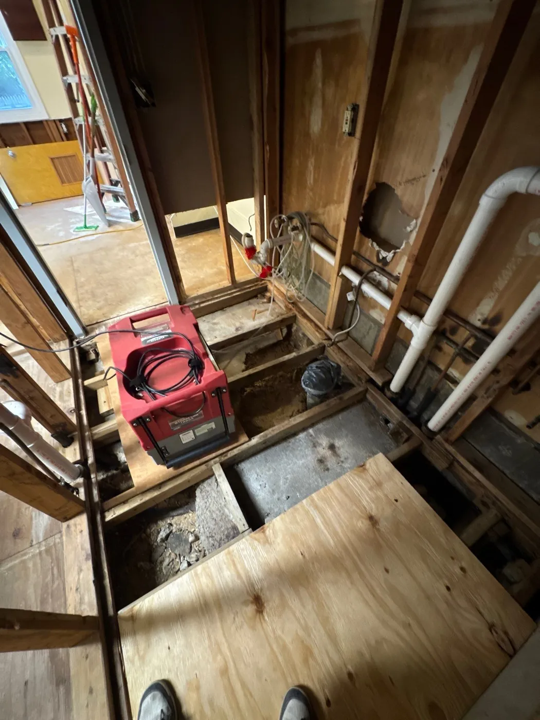 Drying equipment in a gutted bathroom after remediation in Greenlawn NY
