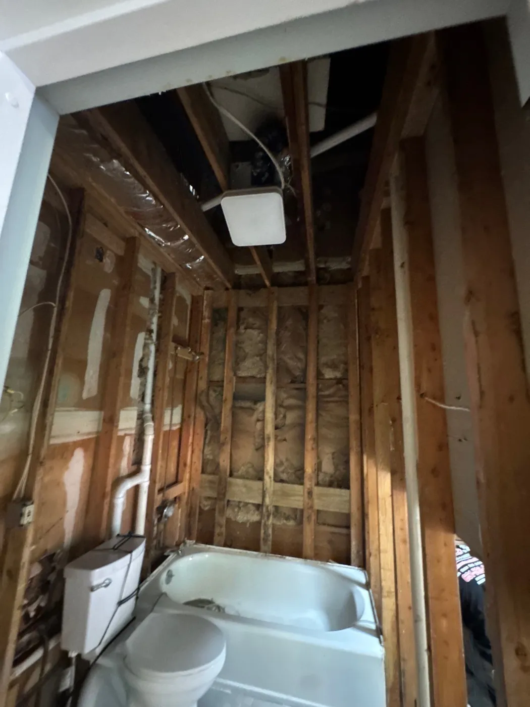 Bathroom wall cavities opened during water damage and mold remediation in Greenlawn NY
