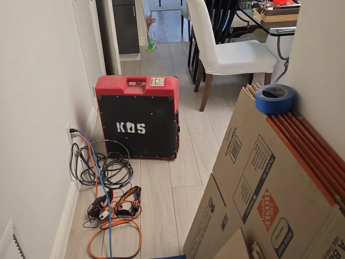 drying and dehumidifying equipment setup after flood at home in Westhampton Beach NY