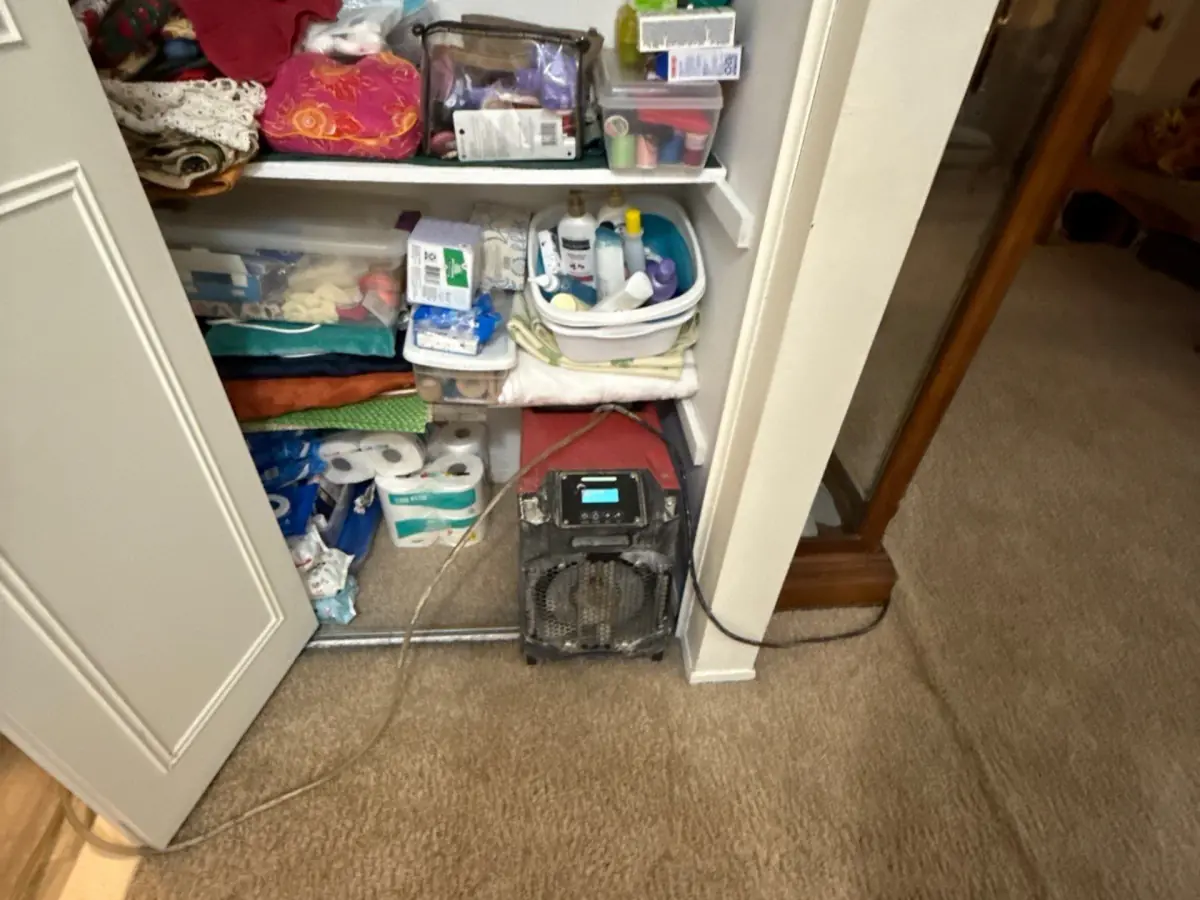 Air mover drying the carpet inside a linen closet