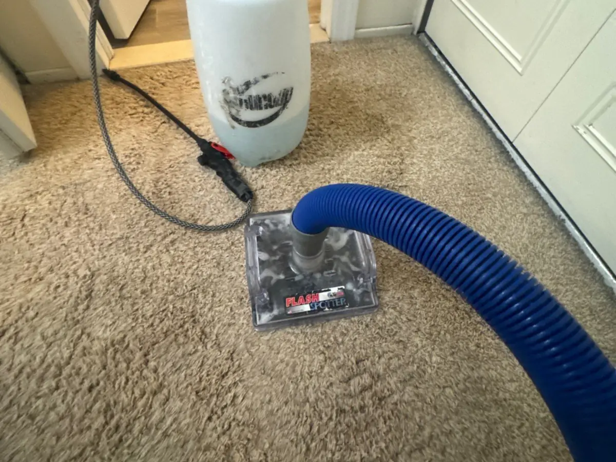 Weighted extraction tool pulling water from a closet carpet