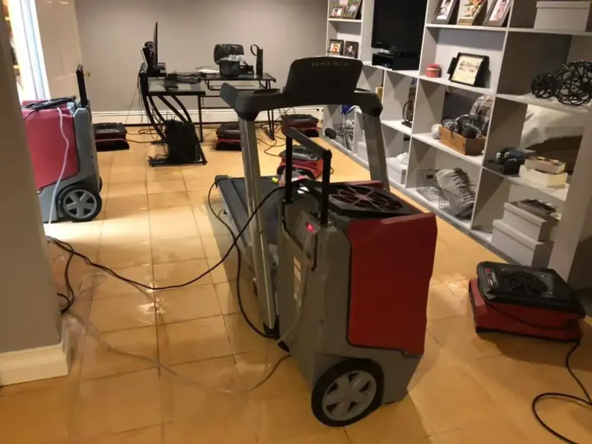 Water damage restoration drying equipment used at a home on Long Island