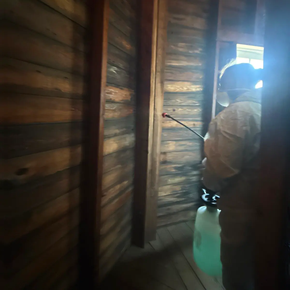 Technician spraying disinfectant along a narrow interior passage