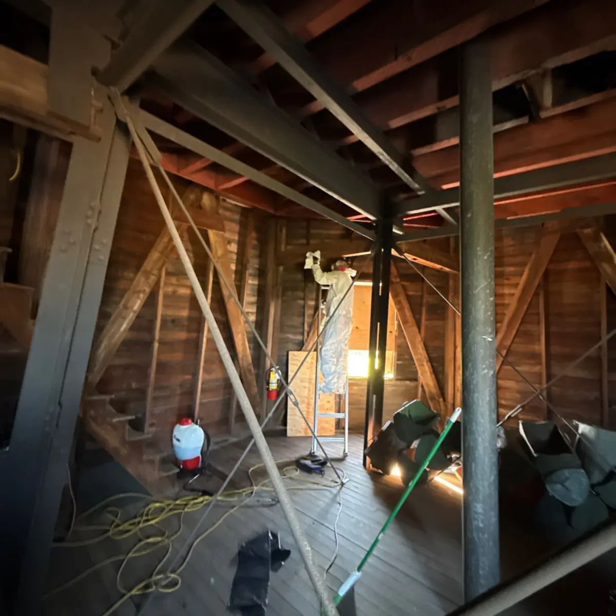 Windmill interior after cleaning, with equipment still set up
