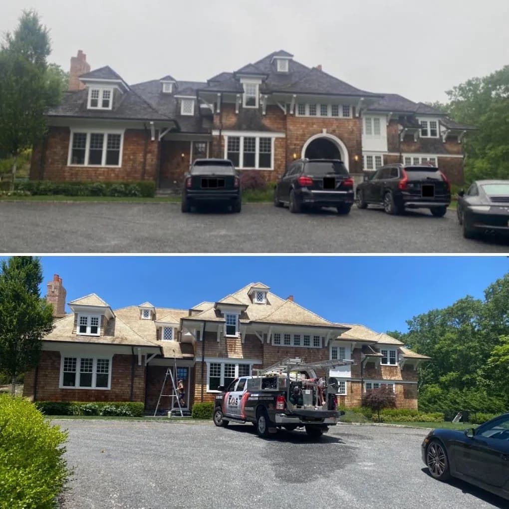 Brick and cedar house before soft washing (top) and after, with the K.O.S. truck in the driveway