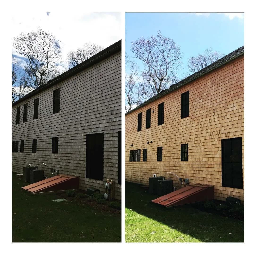 Weathered gray cedar wall before soft washing beside the same wall restored to warm brown