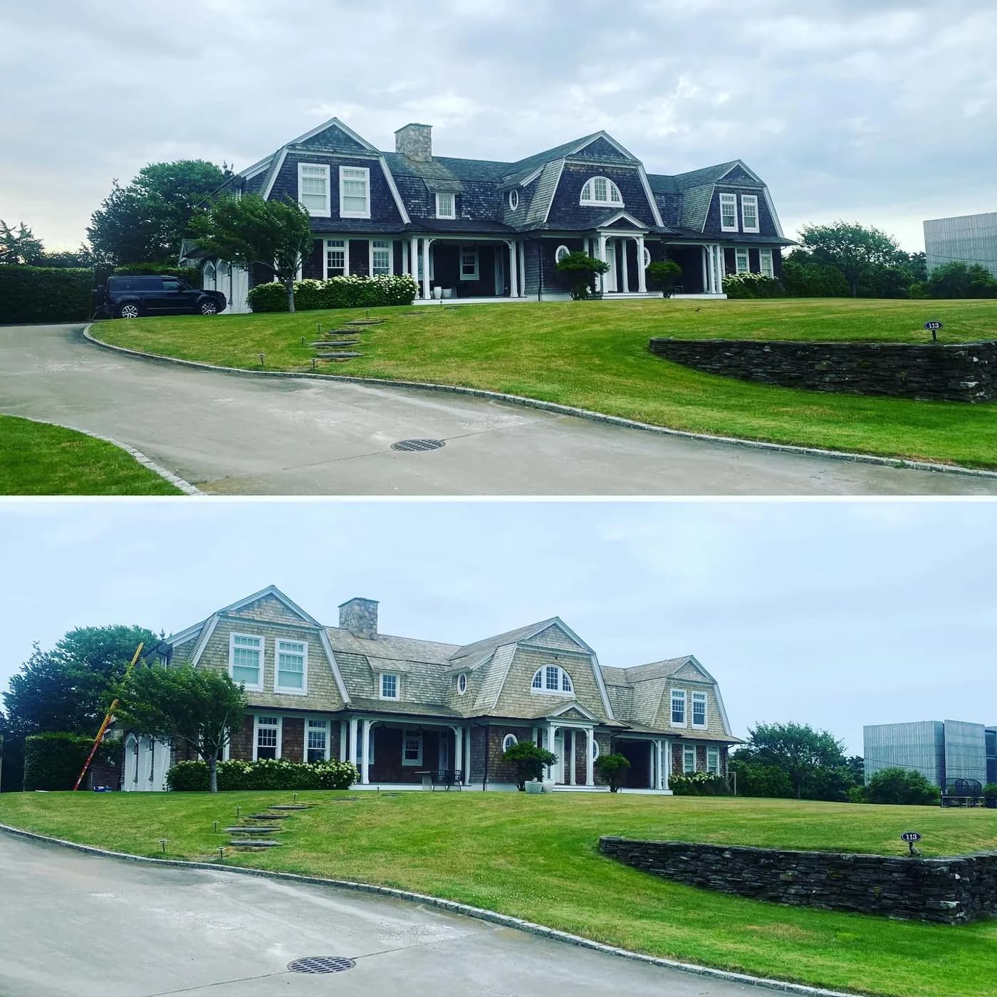 Gambrel-roof shingle house before soft washing (top) and after