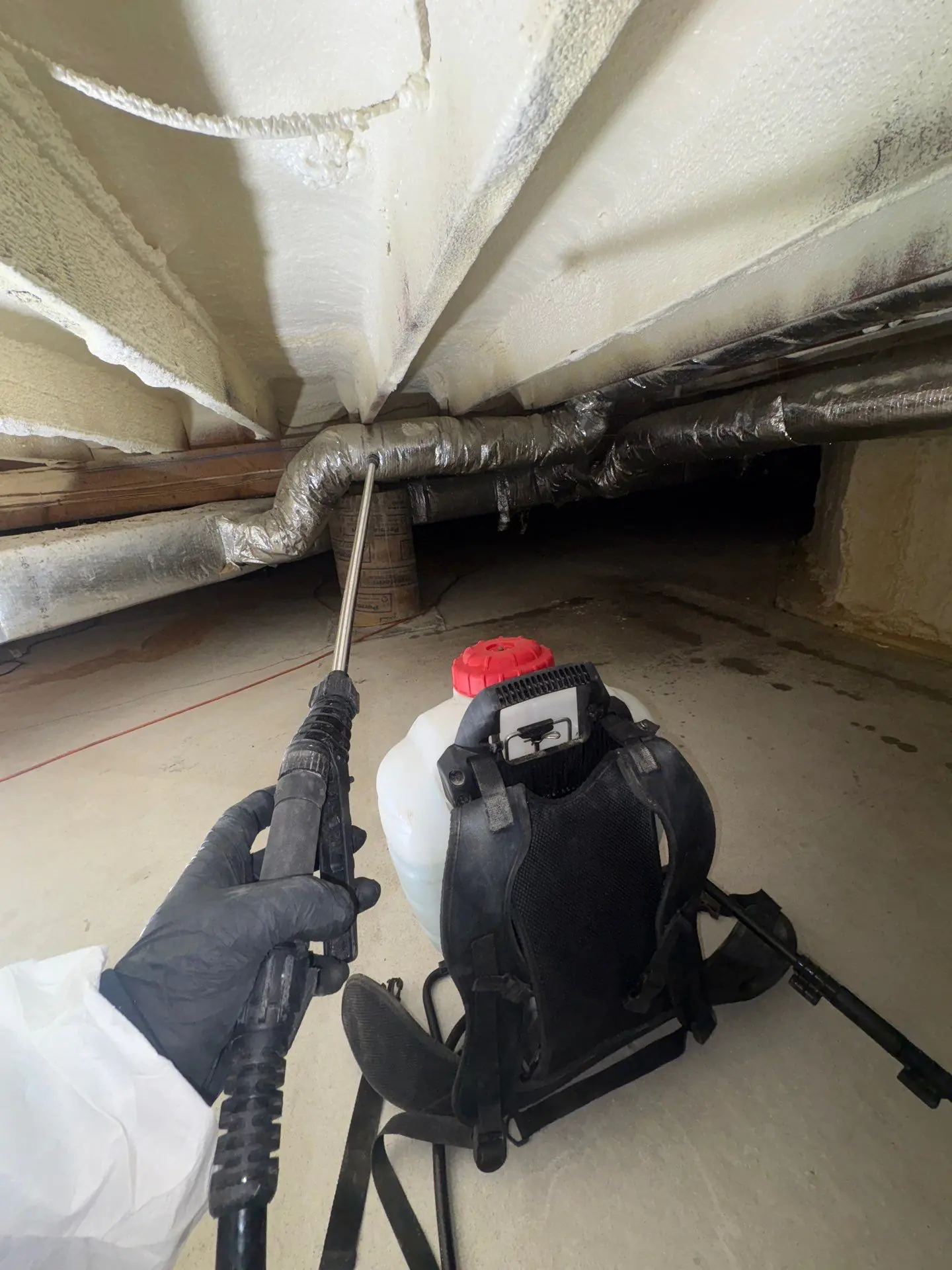 Technician applying encapsulant to crawlspace framing